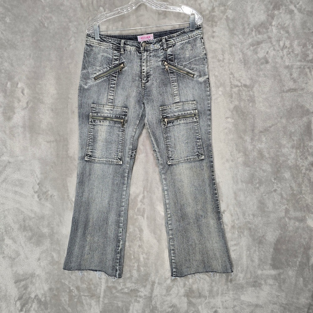 Y2K Ocean Jeans Cargo Pants Women 15 Gray Acid Wash Multi Zip Utility Streetwear